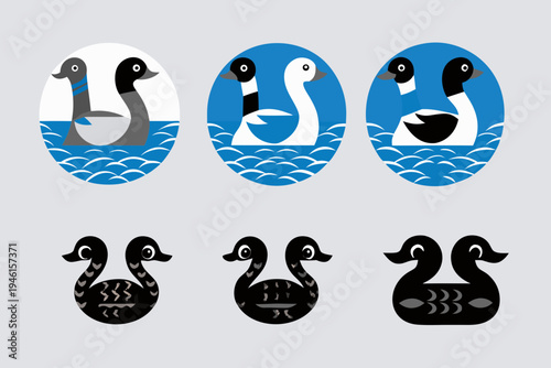 Stylized illustrations of ducks and geese in blue and black tones