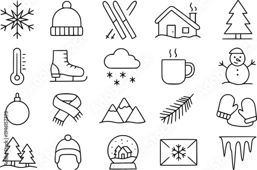 Winter theme icon set, in outline design