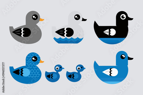 Stylized illustration of six ducks in varying shades and designs
