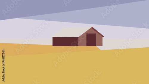 Minimalist depiction of a small house situated on a yellow landscape