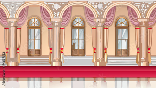 An ornate palace hallway with arched windows and a red carpet