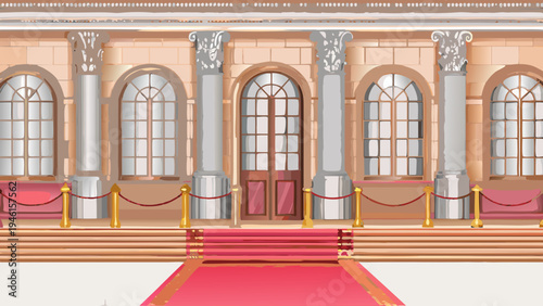 An ornate palace facade featuring columns arches and a red carpet
