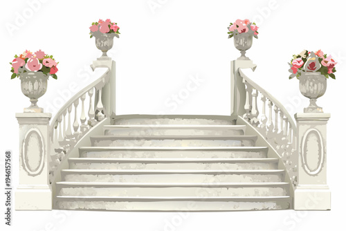 Elegant stone staircase adorned with delicate pink floral arrangements