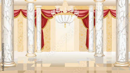 Ornate palace interior with columns drapes and a sparkling chandelier