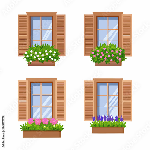 Four windows with wooden shutters and flower boxes isolated on white