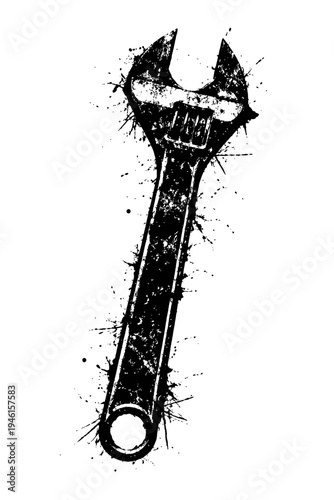 Black and white illustration of adjustable wrench with grunge effect on white background