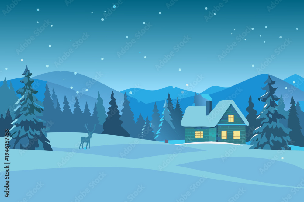 Fototapeta premium A cozy cabin sits nestled in a serene snow covered winter landscape