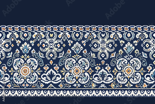 Intricate floral and paisley pattern on a dark blue background