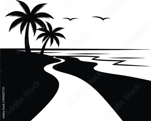 Tropical island getaway with palm trees and seagulls