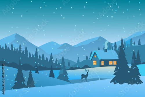 Winter landscape with a cozy cabin deer and falling snow