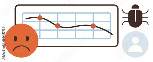 Business impact, software bugs, technical issues, declining performance, user behavior analysis, error tracking. Line graph with decline, bug sad face user symbol. Business impact and software bugs