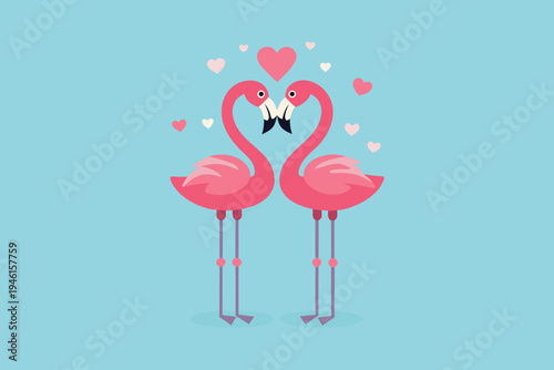 Two pink flamingos forming a heart shape with surrounding hearts