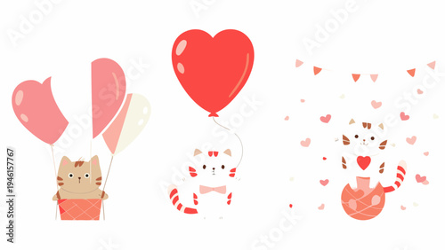 A playful illustration featuring hearts balloons and charming kittens