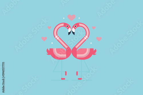 Two pink flamingos forming a heart shape with floating hearts above