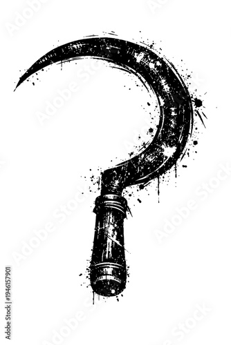A black and white illustration of a sickle with a wooden handle and a curved blade, surrounded by splatters
