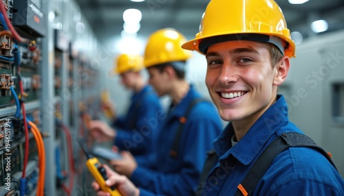Young electricians in hard hats work on electrical panels in training room. Students use tools, meters for practical skills development, teamwork. Future professionals learn electrical trades,