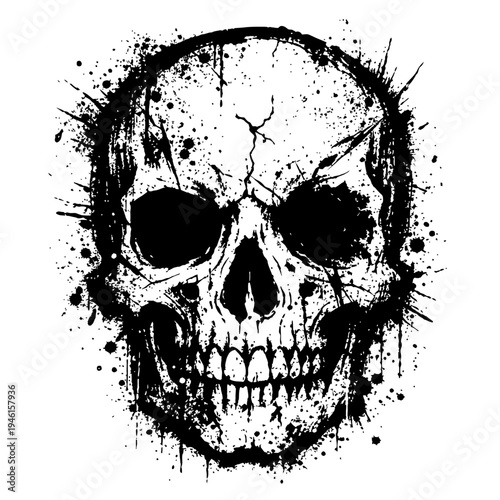 A black and white illustration of a skull with a grunge effect and paint splatters on a white background for Halloween or horror designs