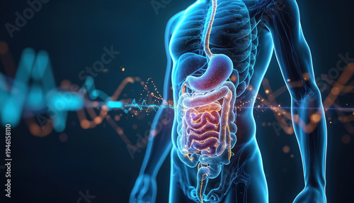 Human digestive anatomy with glowing stomach and intestines shows nutrient processing. Futuristic energy lines represent gut health and medical science. This visualizes metabolic functions.