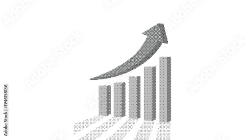 Dithered bar chart with upward arrow showing growth trend