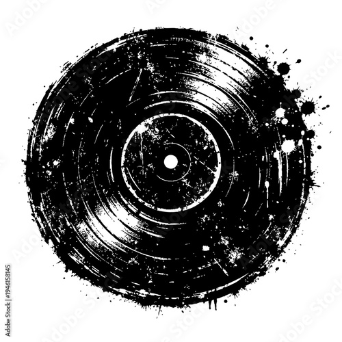 Black vinyl record with white splatters and grunge effect on isolated background for music and retro design concepts