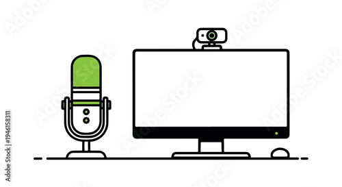 Minimalist Green Microphone and Desktop Computer with Webcam Illustration