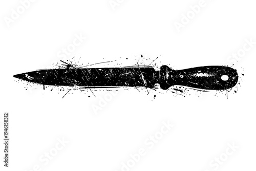 A black and white illustration of a sharp kitchen knife with a hole in the handle on a white background with splatters