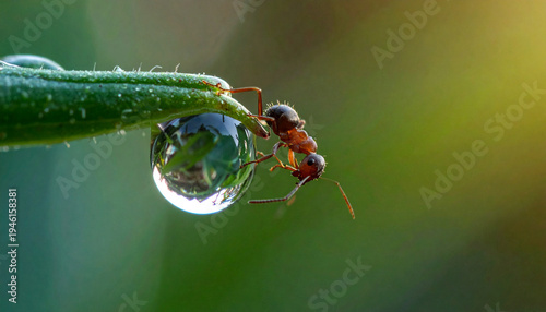 Mesmerizing super macro photograph capturing a tiny ant delicately perched beside a pristine water droplet on a vibrant green leaf, revealing nature's intricate details
