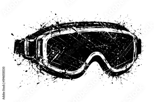 Black ski goggles with grunge effect on white background, protective eyewear for winter sports, close-up view, monochrome illustration