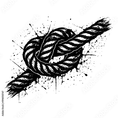 A black and white illustration of a rope with a knot on a white background with paint splatters around it