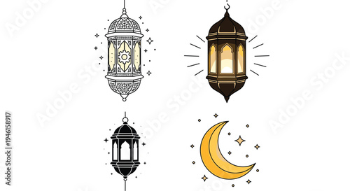 Icon Set Ramadhan Kareem, Eid Mubarak, Eid Al Fitr Flat Minimalist Design Illustration