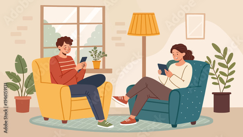 A couple sitting in a cozy living room, both engaged with their smartphones in a relaxed atmosphere.