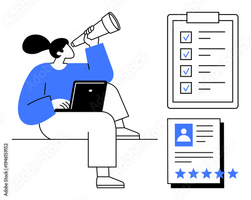 Woman using a telescope and laptop, alongside a checklist and profile document with star ratings. Ideal for talent acquisition, recruitment, job searching, career planning, goal setting, evaluation