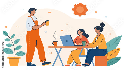 A group of young adults collaborating and socializing in a modern workspace with laptops and coffee