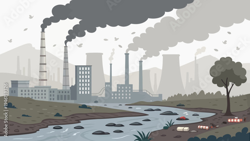 An industrial landscape with a polluted river and smokestacks emitting smoke