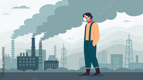A man wearing a face mask stands in front of a polluted cityscape with factories emitting smoke