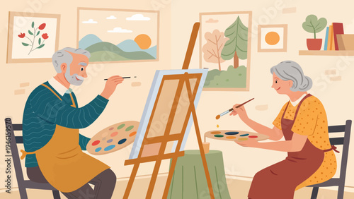 An elderly couple engaged in a creative activity, painting together in a cozy room with an easel and colorful artwork on the walls.