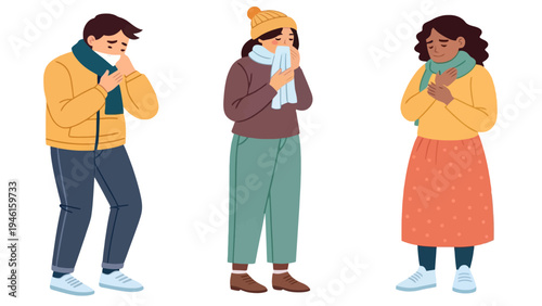 An illustration of three people experiencing cold or flu symptoms, standing alone on a white background