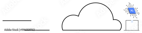 Artificial intelligence, cloud computing, data storage, technology advancement, automation, connectivity. Cloud with AI chip and data transfer lines. Artificial intelligence and cloud computing