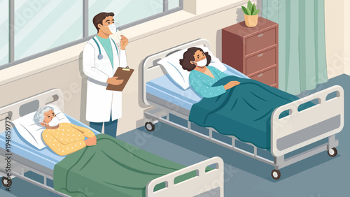 A doctor stands in a hospital room with two patients lying in beds