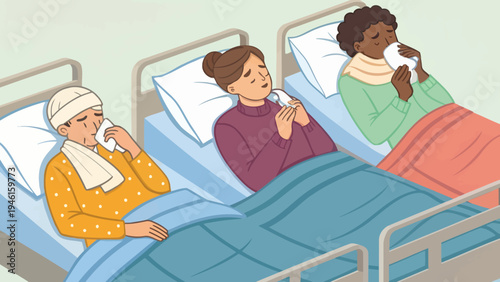 Three women lying in hospital beds blowing their noses with tissues
