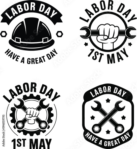 Labor day celebration logos and badges with various worker symbols