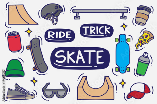 set of skate doodle with color good for background, wallpaper, element design, icon, etc