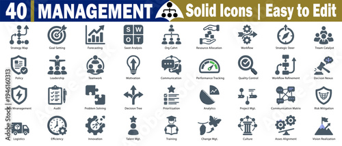 Management solid color icons set. Set of forty management-related solid icons for easy editing and use vector illustration. 