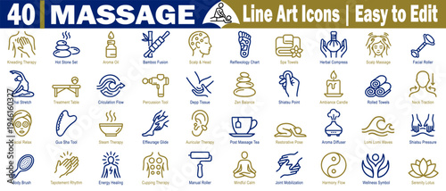 Massage line art icons set. Collection of forty line art massage and wellness therapy icons for easy editing vector illustration. 