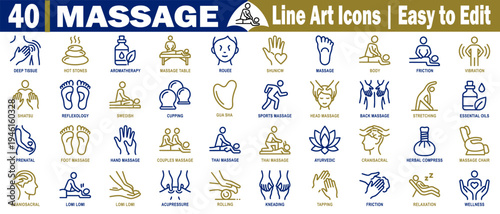 Massage line art icons set. Collection of forty line art icons depicting various massage techniques and therapies vector illustration. 