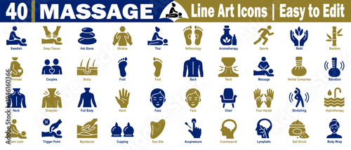 Massage solid color icons set. Collection of forty line art icons related to massage services and wellness activities vector illustration.