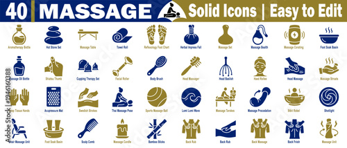 Massage solid color icons set. Collection of forty massage therapy and spa service icons for easy editing vector illustration. 