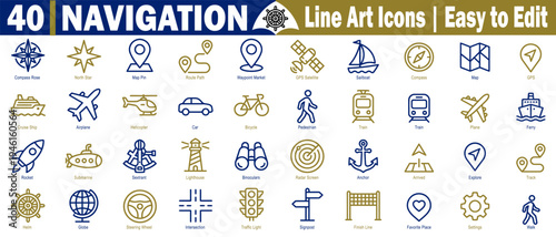 Navigation line art icons set. Collection of forty navigation and transportation line art icons for easy editing and vector illustration. 