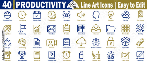 A collection of forty productivity line art icons for easy editing and use in vector illustration. 