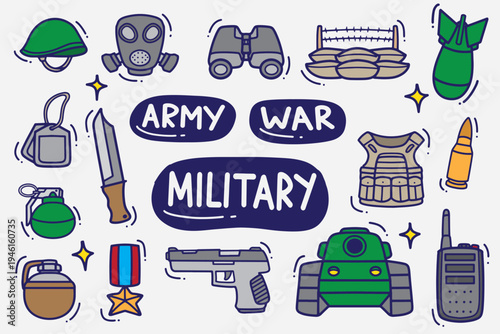 set of military doodle with color good for background, element design, wallpaper, etc